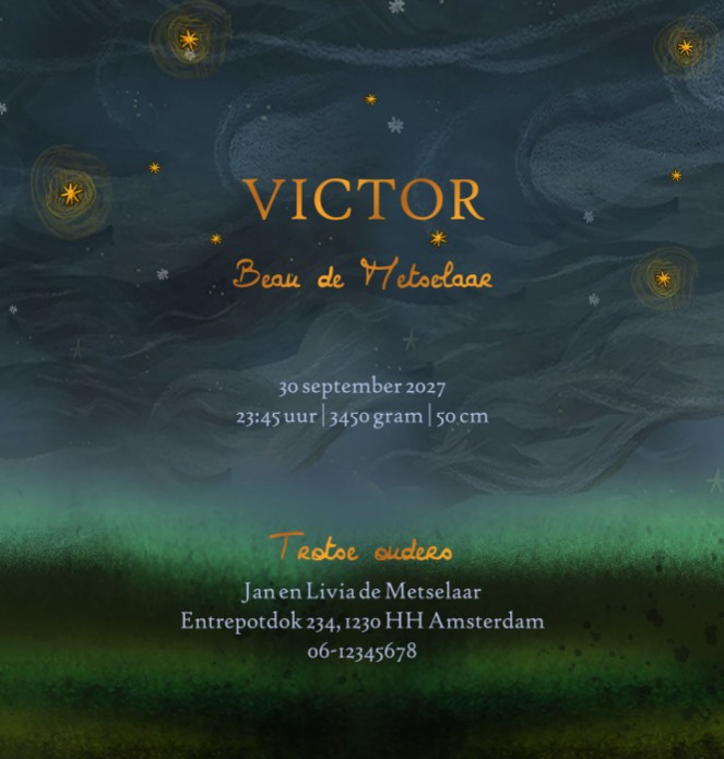 Dromerig geboortekaartje bos met een huisje en sterren. Een rookpluim dwarrelt de lucht met vele sterren in. Het licht van de maan schijnt over de bomen en vos die er loopt. Prachtig beeld in sprekende kleuren. Vraag eens een gratis proefkaartje aan.