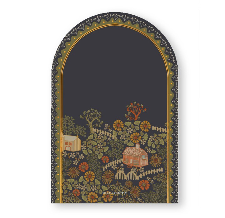 Geboortekaartje dorp met huisjes in boogvorm. De warme kleuren en bijzondere illustraties maken het een bijzonder geboortekaartje. Het illustratieve kader is in verschillende kleuren op te maken dus geheel naar wens aan te passen. Het kerkje, hekjes en hu