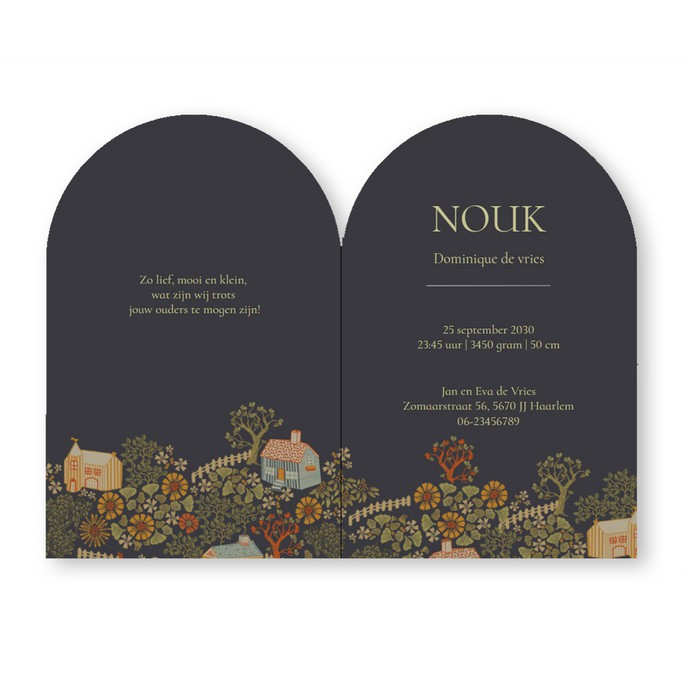 Geboortekaartje dorp met huisjes in boogvorm. De warme kleuren en bijzondere illustraties maken het een bijzonder geboortekaartje. Het illustratieve kader is in verschillende kleuren op te maken dus geheel naar wens aan te passen. Het kerkje, hekjes en hu