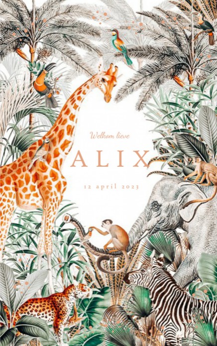 Tropisch geboortekaartje met rosegoud folie