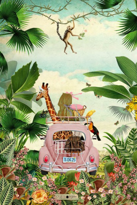 Geboortekaartje jungle met Volkswagen en wiegje er op