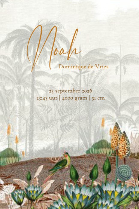 Geboortekaartje tropisch jungle is een heel bijzonder geboortekaartje. Hiervan zie je niet zo snel een tweede. Alle jungle dieren zijn vertegenwoordigd, de giraffe, papegaai, zebra, panter en toekan. Dit vintage kaartje gaat helemaal met de laatste trends