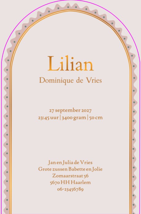 Geboortekaartje in boogvorm met illustratieve rand. Drie eendjes en moeder eend kunnen in folie gedrukt worden. Wil je liever geen folie? In kleur is natuurlijk ook mogelijk. Een lief geboortekaartje met eendjes.