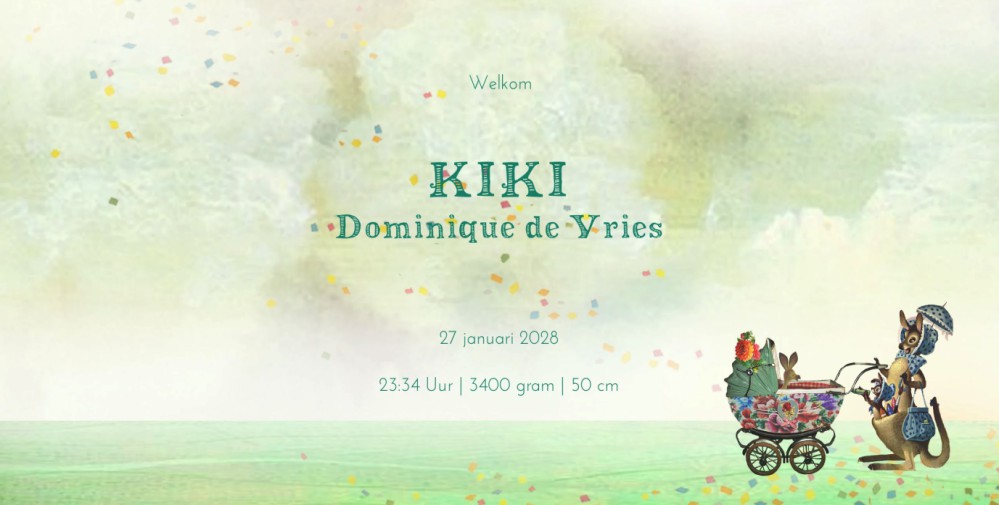 Geboortekaartje retro vintage met kangoeroe's. Kangaroe met een wandelwagentje loopt voorop. Een bonte gezellige stoet met kangoeroe's. Er is zoveel te zien, een illustratief geboortekaartje met vrolijk karakter.