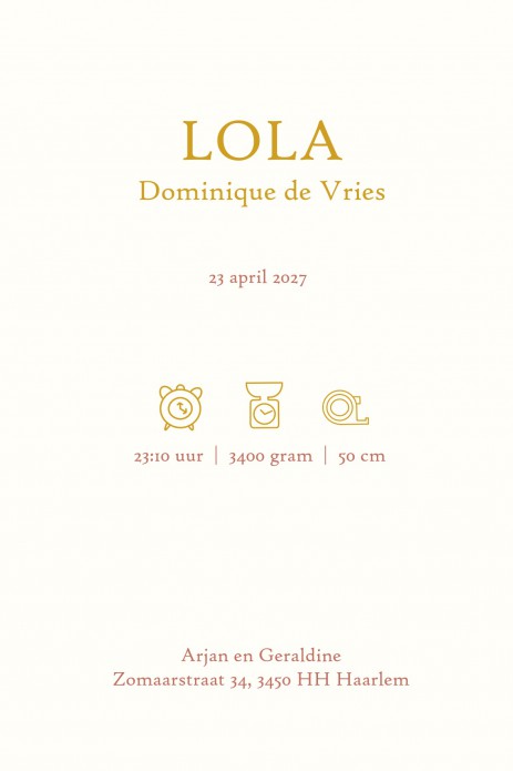 Geboortekaartje met bloemen en foliedruk. Een in goud te drukken kader omlijst de naam van het kindje. Een geboortekaartje net een bijzondere uitvoering bloemen, gedrukt op het allerbeste papier.