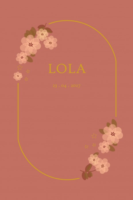 Geboortekaartje met bloemen en foliedruk. Een in goud te drukken kader omlijst de naam van het kindje. Een geboortekaartje net een bijzondere uitvoering bloemen, gedrukt op het allerbeste papier.