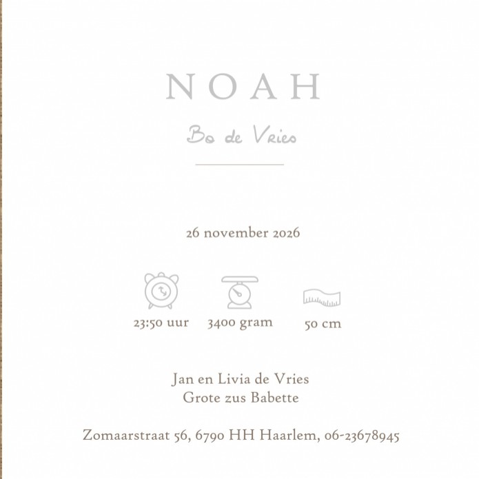 Een prachtig klassiek geboortekaartje op linnen structuur met aarbeitjes patroon. De folie maakt het geheel helemaal af en je hebt absoluut een uniek geboortekaartje in handen. Experimenteer zelf eens met kleur en beeld, misschien schuilt er een ontwerper