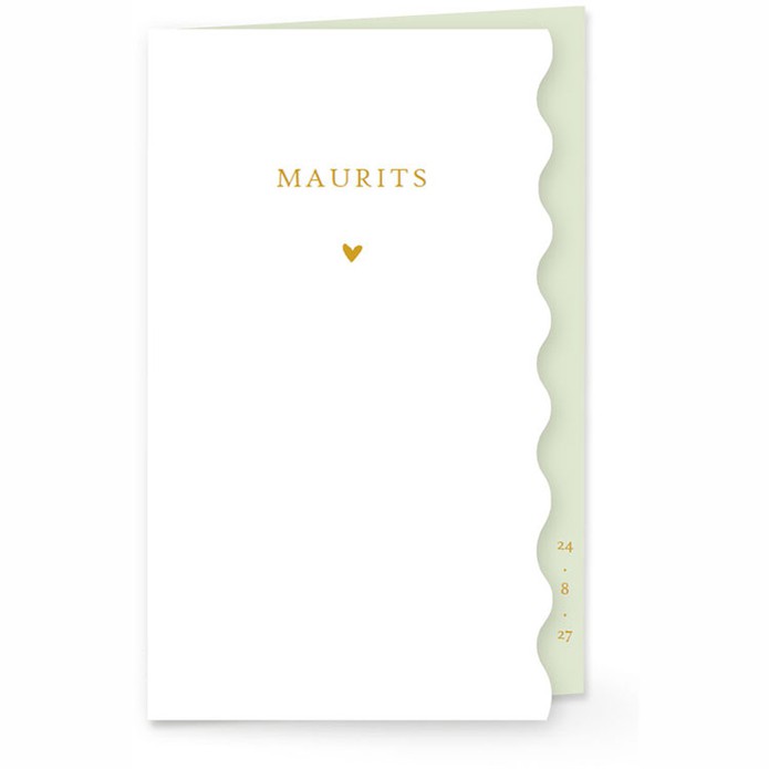 Een uniek geboortekaartje met golvende rand. Een klassiek geboortekaartje maar wel op een hele bijzondere wijze vervaardigd. Het is ook mogelijk om er folie aan toe te voegen. Met de editor kun je zelf de kaart personaliseren.