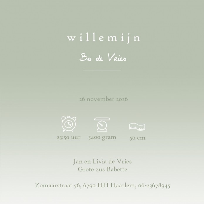 Geboortekaartje klassiek met hart in pastel kleuren. Gedrukt op kwalitatief hoogwaardig papier, een tijdloos geboortekaartje dat prachtig van kleur is. De achtergrondkleur kun je makkelijk zelf aanpassen. Vraag eens een gratis proefkaart aan en kies wat h