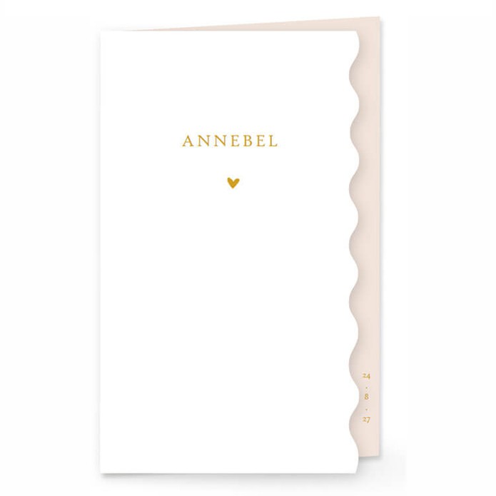 Het kaartje met een golvende rand! Een uniek geboortekaartje met een kleine uitsparing golvende rand! Dat is weer eens wat anders dan vierkant of rechthoek. Een klassieke kaart met een twist, gewoon net even anders en hiermee ben je heel origineel. Vraag 