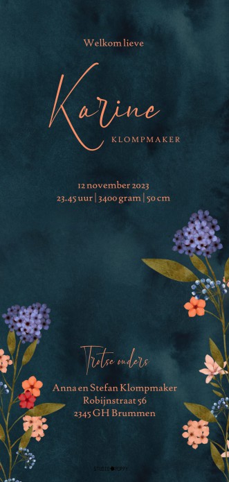 Een heel stijlvol geboortekaartje met fleurige bloemen met lief wiegje. Een illustratief geboortekaartje dat opvalt tussen alle andere kaartjes. Een mooie envelop erbij en je bent klaar! Bestel eens een gratis proefdruk.