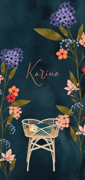 Een heel stijlvol geboortekaartje met fleurige bloemen met lief wiegje. Een illustratief geboortekaartje dat opvalt tussen alle andere kaartjes. Een mooie envelop erbij en je bent klaar! Bestel eens een gratis proefdruk.