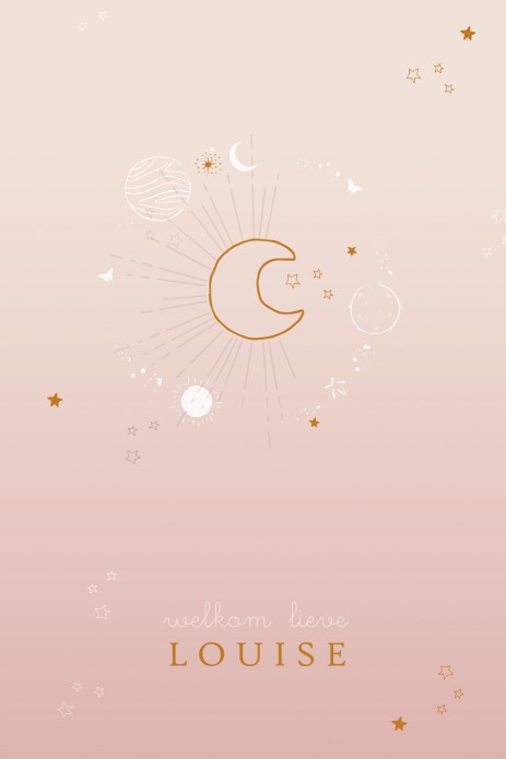 Geboortekaartje met kleurverloop. Soort dip dye effect waar foliedruk aan is toegevoegd. Het geboortekaartje met maan en planeten is een mooi symbolisch kaartje voor jullie kindje. In de editor kun je zelf de kaart personaliseren.