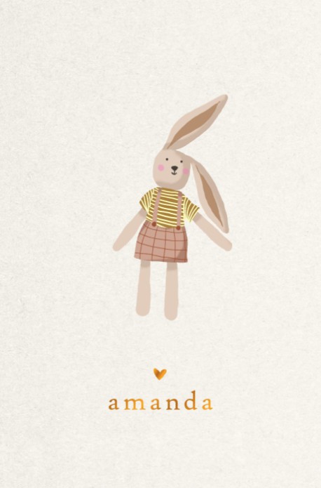 Een heel stijlvol geboortekaartje met illustratie van konijntje in hippe kleuren. Minimalistisch en toch ook illustratief geboortekaartje. Bestel eens een gratis proefdruk.