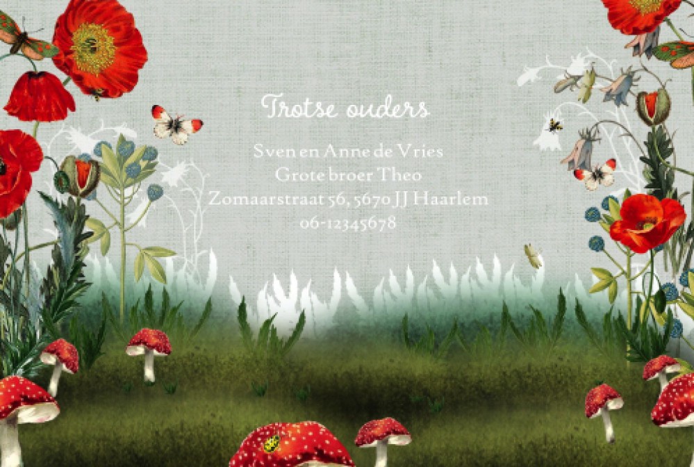 Geboortekaartje met konijnen in het poppy veld. De bloemen staan weelderig in de tuin en het is een echt illustratief geboortekaartje met konijnen.