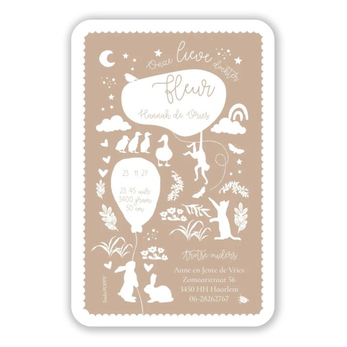 Een prachtig speels geboortekaartje in 2 kleuren met konijntjes, katten, vlinders en nog veel meer dieren. De tekst is er speels tussen geplaatst. De wolkjes en sterren zijn er illustratief aan toegevoegd en er een ontstaat een grappige collage van figuur