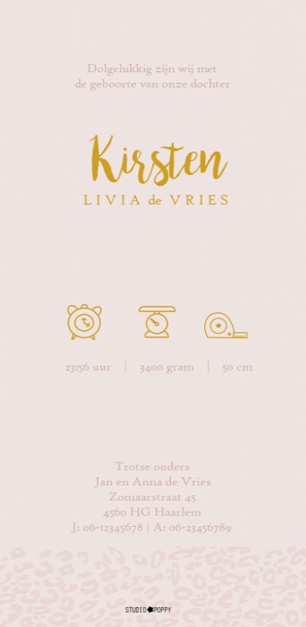 Geboortekaartje koper foliedruk panterprint. Geboortekaartje foliedruk zebra print. Geboortekaartje met foliedruk is héél stijlvol en chique. Het maakt jouw kaartje extra bijzonder voor jullie kindje. Er zijn verschillende soorten foliedruk kiesbaar. Ga z