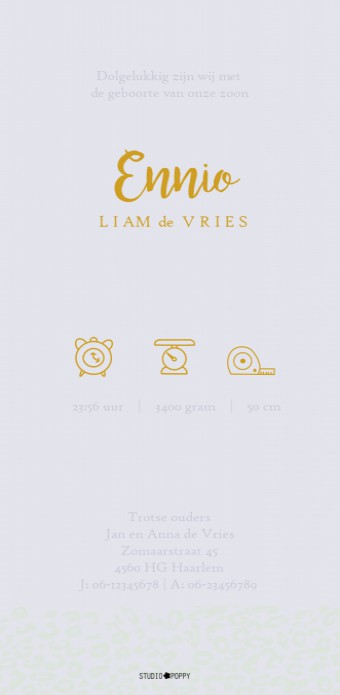 Geboortekaartje koper foliedruk panterprint. Geboortekaartje foliedruk zebra print. Geboortekaartje met foliedruk is héél stijlvol en chique. Het maakt jouw kaartje extra bijzonder voor jullie kindje. Er zijn verschillende soorten foliedruk kiesbaar. Ga z