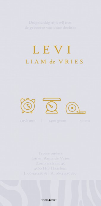 Geboortekaartje foliedruk zebra print. Geboortekaartje met foliedruk is héél stijlvol en chique. Het maakt jouw kaartje extra bijzonder voor jullie kindje. Er zijn verschillende soorten foliedruk om tussen te kiezen. Ga zelf aan de slag met jouw voorkeure