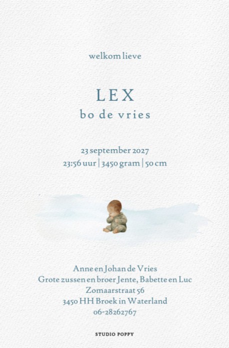 Geboortekaartje met Nederlands landschap met molen. Broers en zussen staan ook op het geboortekaartje en zijn met de hand geschilderd. Watercolor molen met broer en zus.