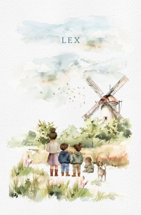 Geboortekaartje met Nederlands landschap met molen. Broers en zussen staan ook op het geboortekaartje en zijn met de hand geschilderd. Watercolor molen met broer en zus.