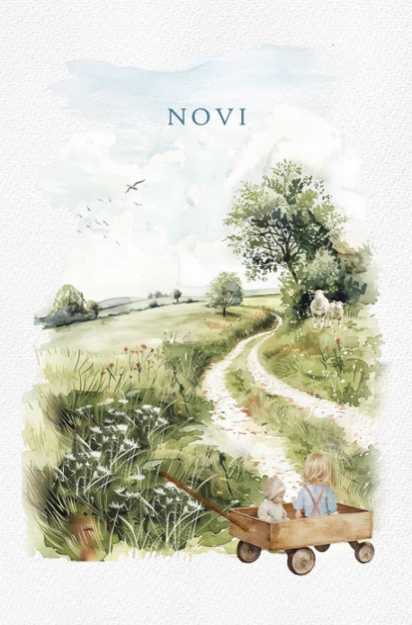 Geboortekaartje waterverf natuur met een landweggetje naar de horizon. In de bolderkar zitten broer en zus, prachtig om het gezin op het geboortekaartje af te beelden. De familie hoort er ook bij! Watercolor bomen en gras voor een Nederlands tafereel.