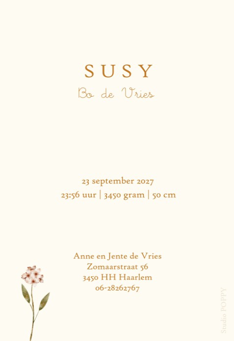 Een heel stijlvol geboortekaartje met originele handgeschilderde bloemen illustratie en accent in folie. Het is mogelijk om de kaart met ronde hoeken te bestellen voor een extra lief effect. De bloemen staan ook in de beeldbank voor een eigen versie van j