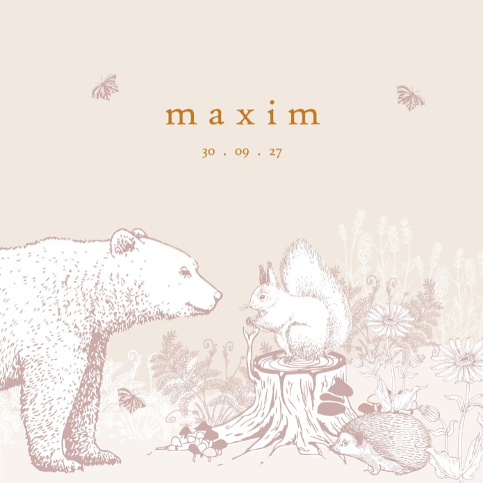 Geboortekaartje bos met beer en eekhoorn