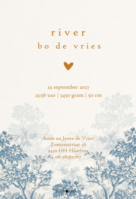 Een prachtig geboortekaartje in mono kleuren met hertjes. Het doet een beetje denken aan de vroegere etsen, een beetje vintage. Heel romantisch geboortekaartje in prachtige kleur. Vraag eens de gratis proefkaart aan.