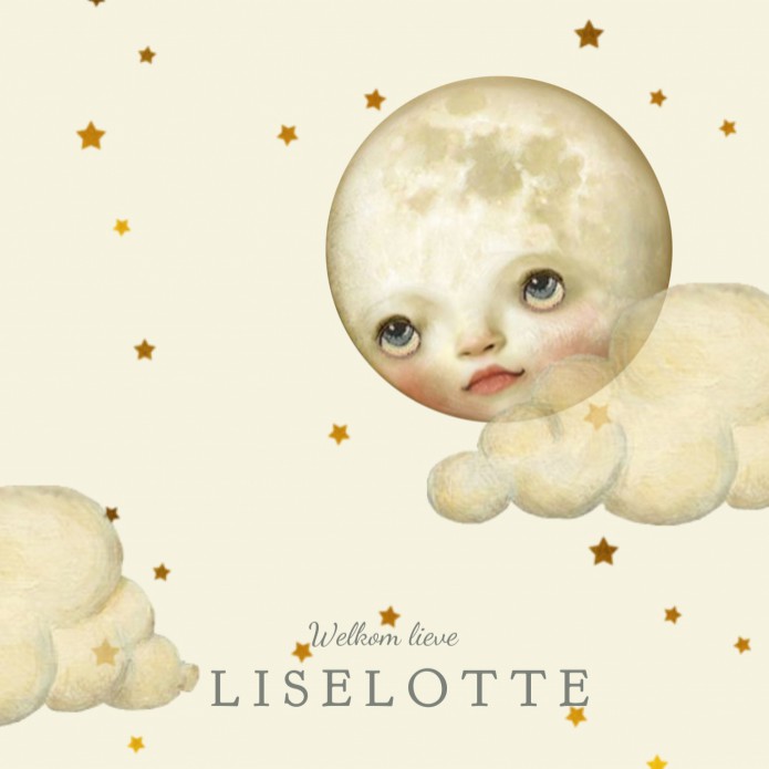 Geboortekaartje lief maantje met wolkjes en sterren