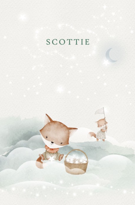 Geboortekaartje lief vosje met mandje sterren