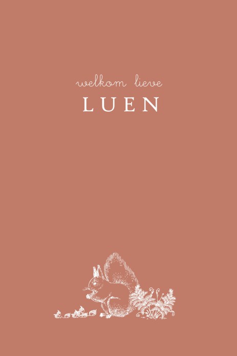 Geboortekaartje eekhoorn lijntekening roestbruin