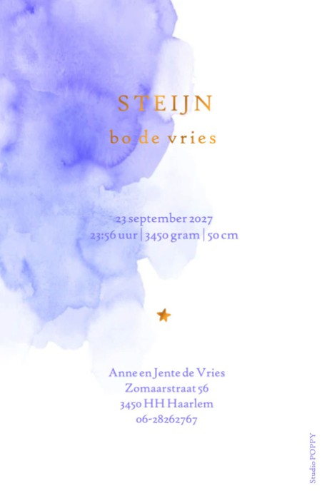 Een heel stijlvol geboortekaartje met aquarel detail in lila. Het papier komt mooi tot zijn recht met deze waterverf illustratie. Geboortekaartje mooi door zijn eenvoud en prachtig te combineren met folie. Vraag eens een proefkaartje aan.