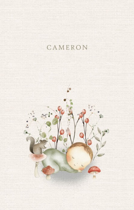 Geboortekaartje linnen look slapende baby met paddestoel