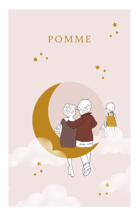 Geboortekaartje met overleden broertje of zusje, want zij horen er bij. Het hele gezin staat op het geboortekaartje met maan en sterren. Uniek met de hand getekend. Je kunt zelf de samenstelling van jouw gezin op de kaart plaatsen. Bestel eens een gratis 