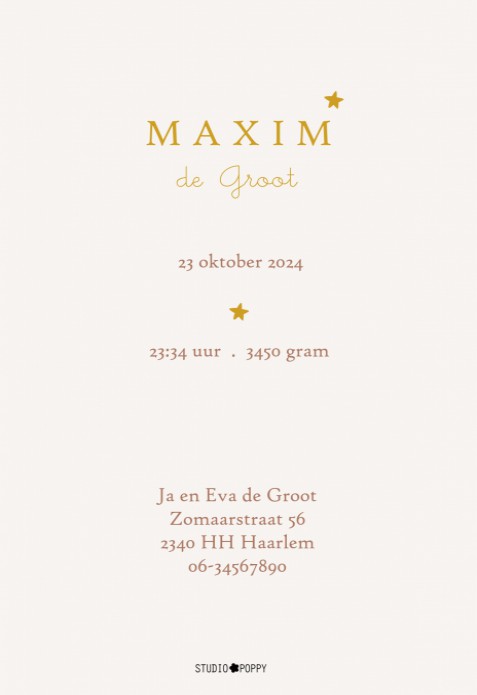 Geboortekaartje met foliedruk maantje en sterretjes. Heel smaakvol, stijlvol en hip geboortekaartje voor jullie baby. Unisex voor jongens en meisjes, kleuren kun je zelf aanpassen. Evenals de foliedruk. Personaliseer hem zelf in de handige editor tool en 