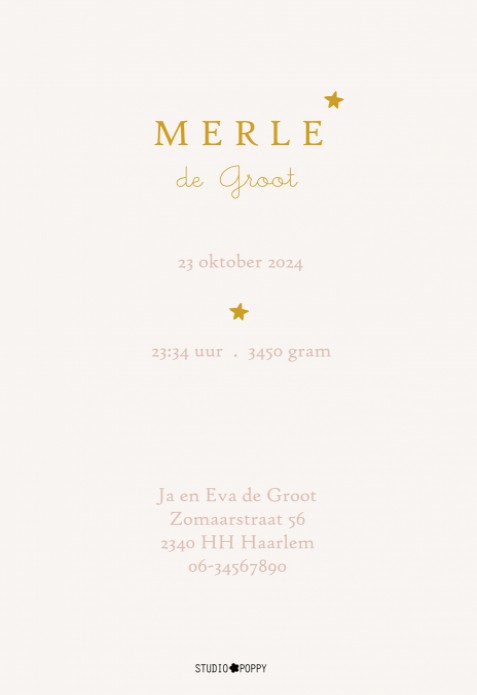 Geboortekaartje met foliedruk maantje en sterretjes. Heel smaakvol, stijlvol en hip geboortekaartje voor jullie baby. Unisex voor jongens en meisjes, kleuren kun je zelf aanpassen. Evenals de foliedruk. Personaliseer hem zelf in de handige editor tool en 