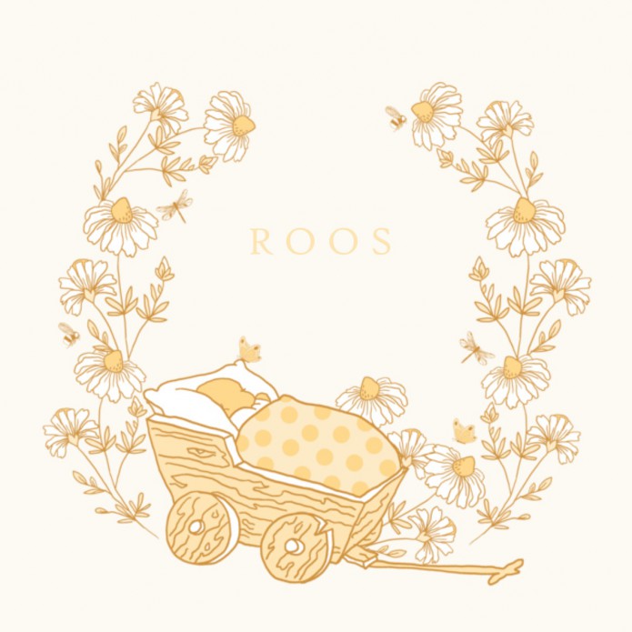Geboortekaartje met hand getekende madeliefjes en wagentje