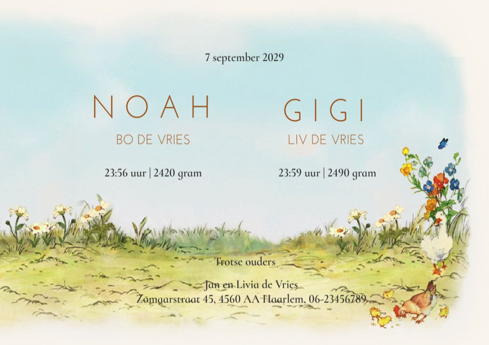 Geboortekaartje met tweeling in mandje. Het mozeswiegje staat in het bos met allerlei leive bosdieren rondom het mandje. De eekhoorn, konijn en hert mogen niet ontbreken. Ook mogelijk om grote broer of zus toe te voegen.