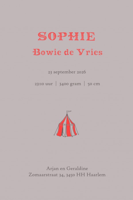 Een heel bijzonder vintage geboortekaartje in offset look met neon look accenten. Vintage circus met tijger, sterke man, pierrot, olifant en circustent op een smaakvolle manier geïllustreerd. Circus spreekt tot de verbeelding, een magische wereld dat zich