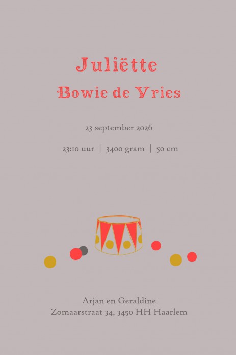 Een speels vintage geboortekaartje in offset look met neon look accenten. Vintage circus met tijger, sterke man, pierrot, olifant en circustent op een smaakvolle manier geïllustreerd. Circus spreekt tot de verbeelding, een magische wereld dat zich ook lee