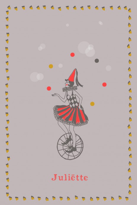 Geboortekaartje vintage circus jongleren op eenwieler