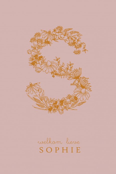 Geboortekaartje met folie monogram in handgetekende bloemen