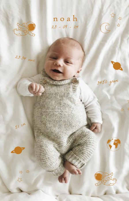 Geboortekaartje met foto avontuurlijk met astronauten met folie