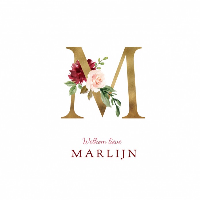 Geboortekaartje met gouden letter en aquarel bloemen