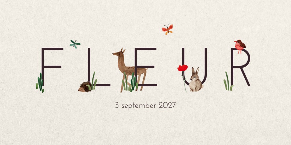 Geboortekaartje met naam en bosdieren Anne-Brechtje