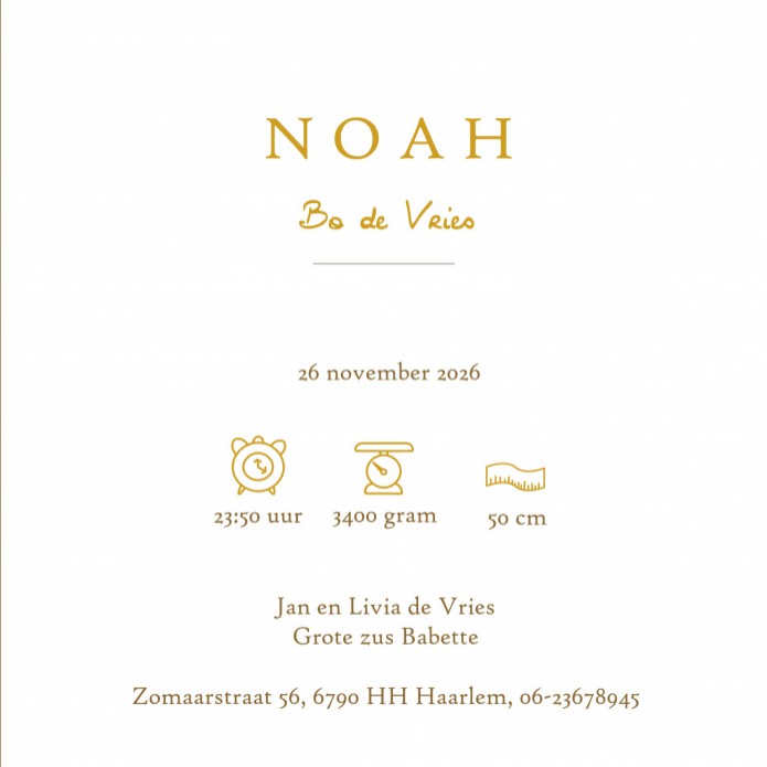 Geboortekaartje klassiek met foliedruk in warme kleuren. Prachtig accent met koperfolie op kwalitatief hoogwaardig papier. Een tijdloos geboortekaartje dat prachtig van kleur is. Vraag eens een proefkaart aan en kies wat het beste bij jullie past.