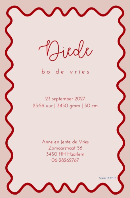 Geboortekaartje met strik en speels kader en strepen color blocking. Knallende kleuren met een illustratief strikje. Golvend kader dat in kleur te veranderen is naar elke kleur die jij wil.