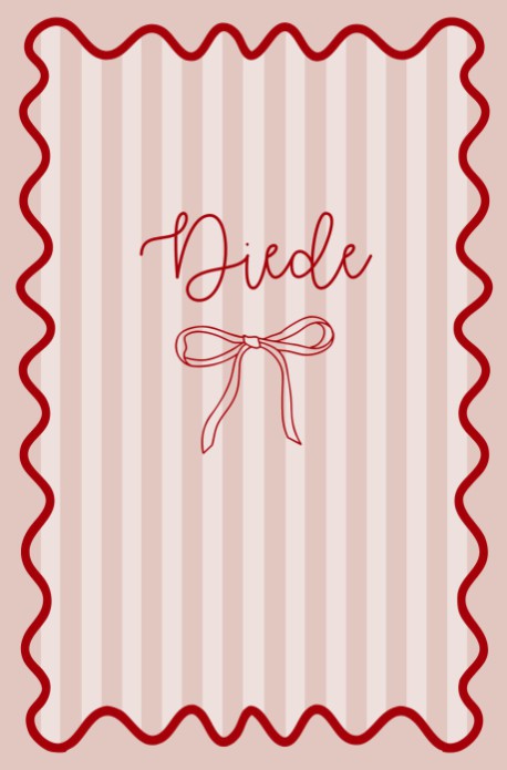 Geboortekaartje met rood roze strik en speels kader en strepen color blocking. Knallende kleuren met een illustratief strikje. Golvend kader dat in kleur te veranderen is naar elke kleur die jij wil.