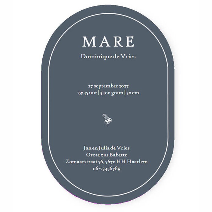 Ovaal geboortekaartje met egeltjes. Alle bosdieren tekeningetjes zijn te selecteren wanneer je liever iets anders wil afbeelden. Ook de kleur is aan te passen van zowel de achtergrond als het kadertje. Een bijzondere vorm geboortekaartje voor een bijzonde